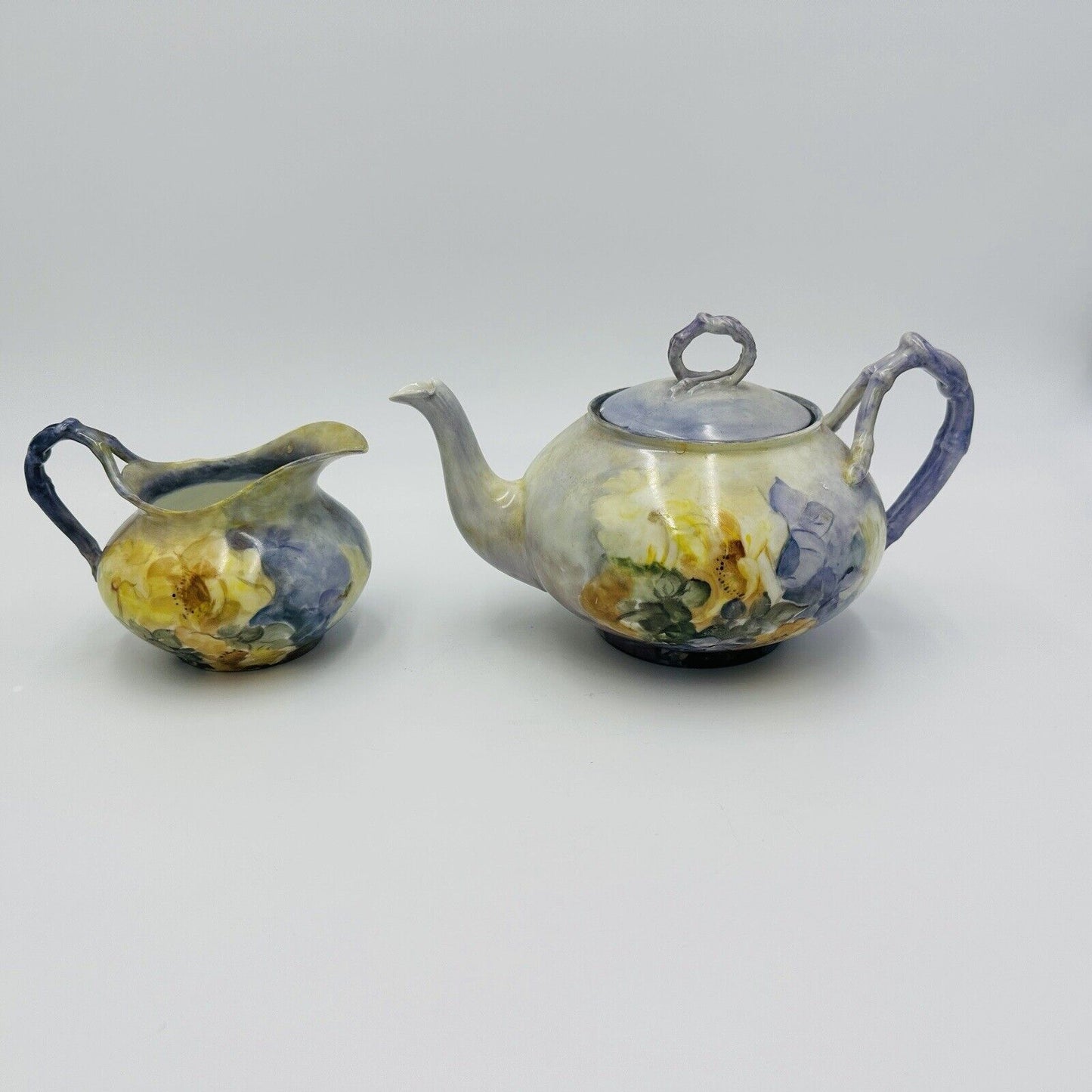 Antique J P L porcelain J Pouyat Limoges France purple yellow teapot creamer