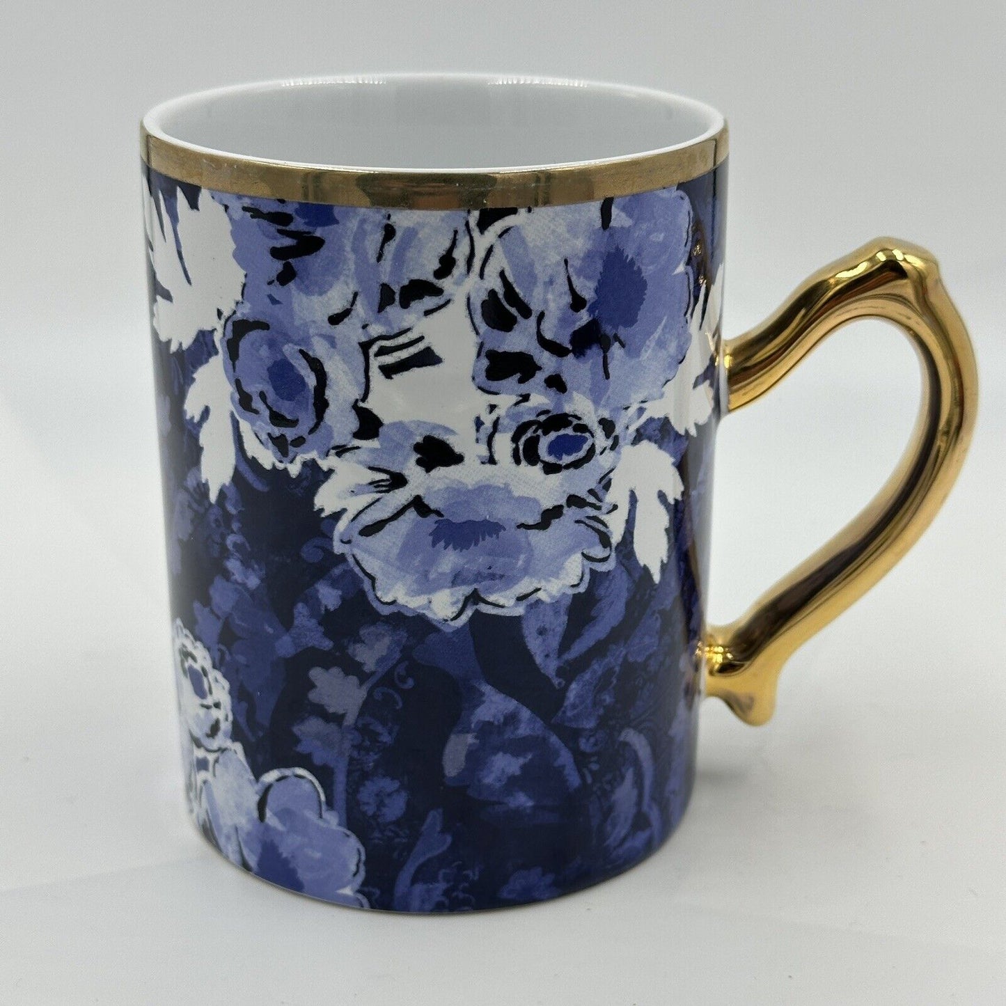 Hallmark Patina Vie Mug Blue and White Flower Gold Handle Cup Serveware Decor