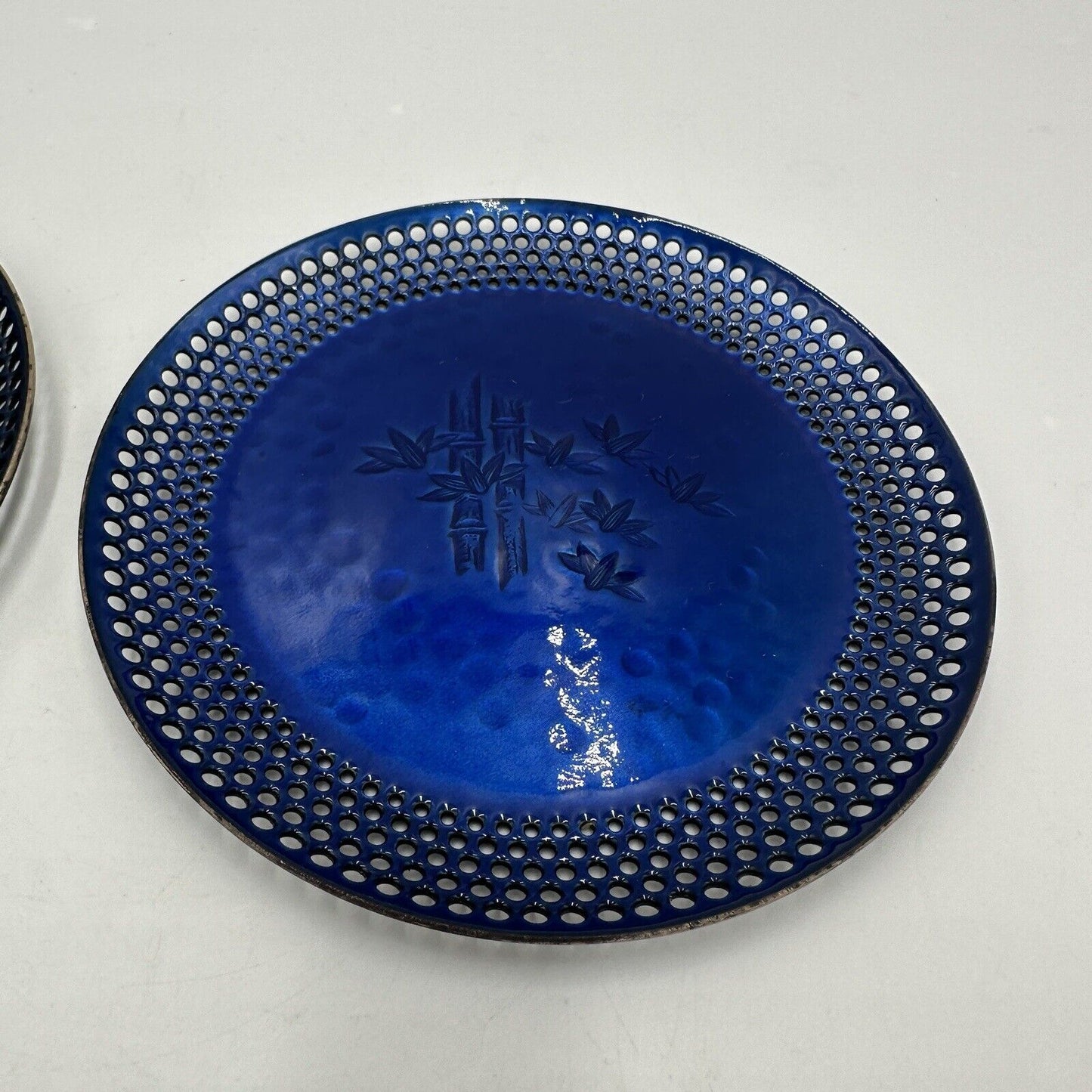 Vintage Ando Cloisonné cobalt blue Enamel plates Open Work Rims Japan Small