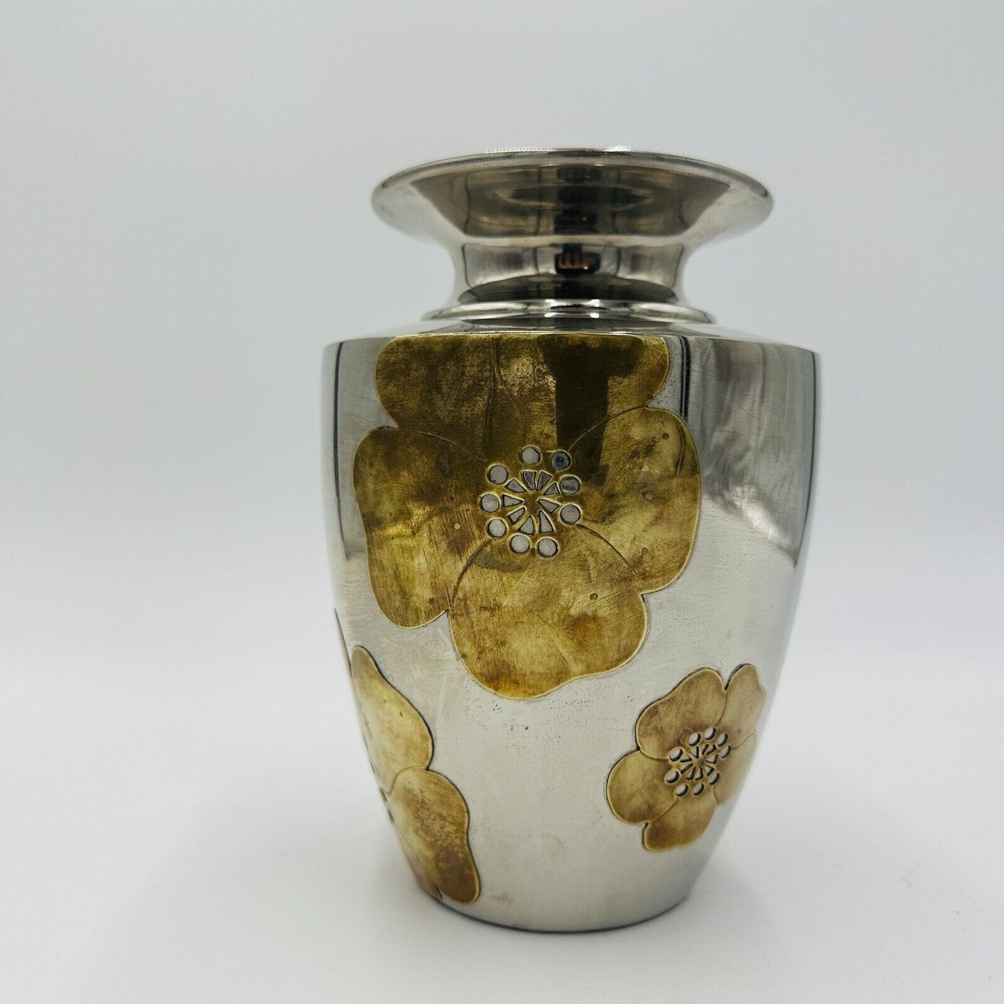 Ethan Allen Home Interior Nickel & Brass Vase Mid Century Modern Applied Flower