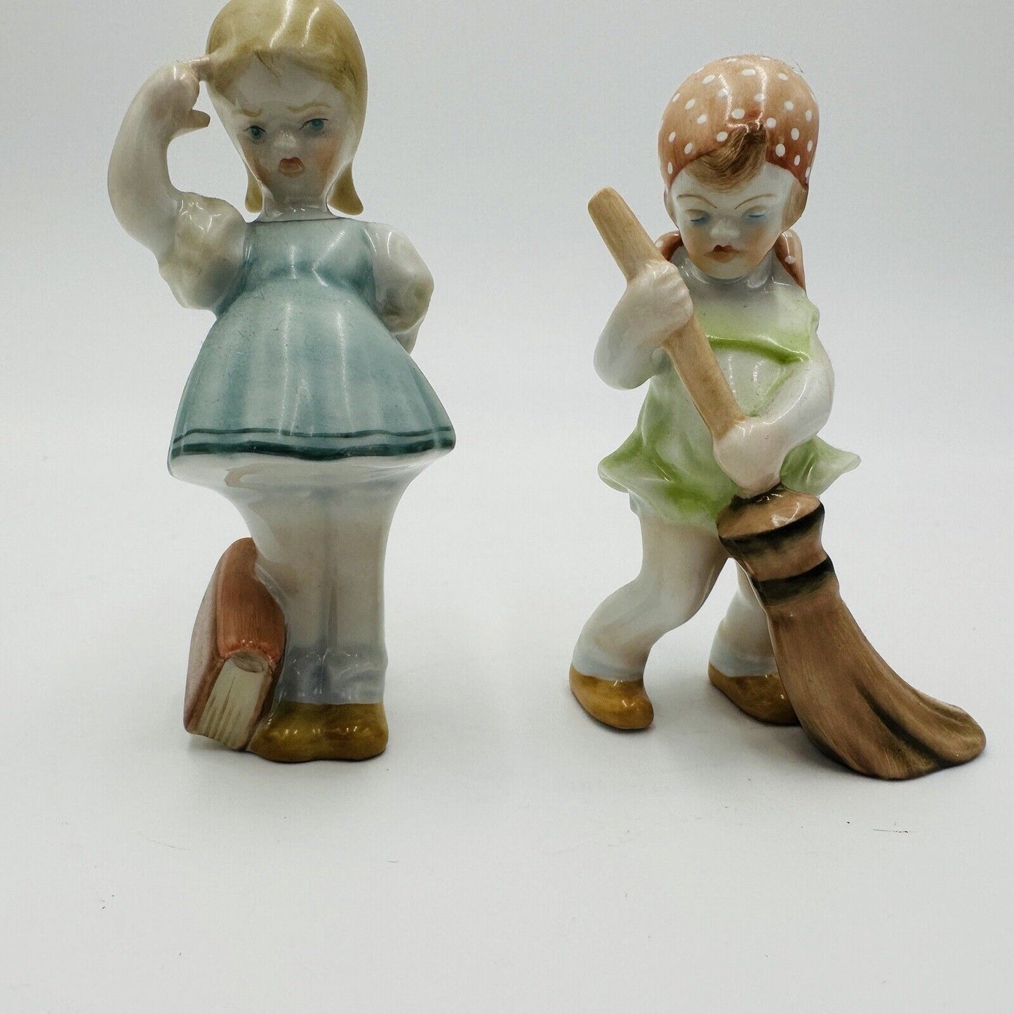 Herend Porcelain Girls Cleaning Broom & School Book Figurines Small 4 inch Decor