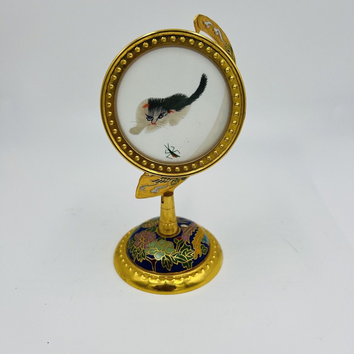 Chinese Cloisonné Cat Stand Brass Embroidered Silk Gold Tone
