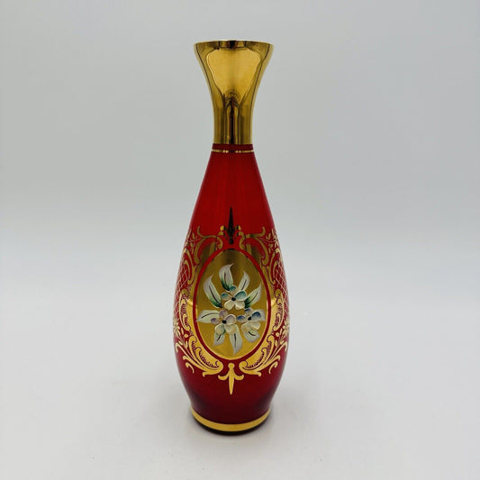 Moser Bohemia Glass Red Bud Vase With gold Overlay Vintage 9 in Home Decor