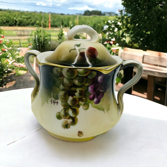 Antique Porcelain J & C Bavaria "Louise" Hand Painted Sugar Bowl Grapes Vine