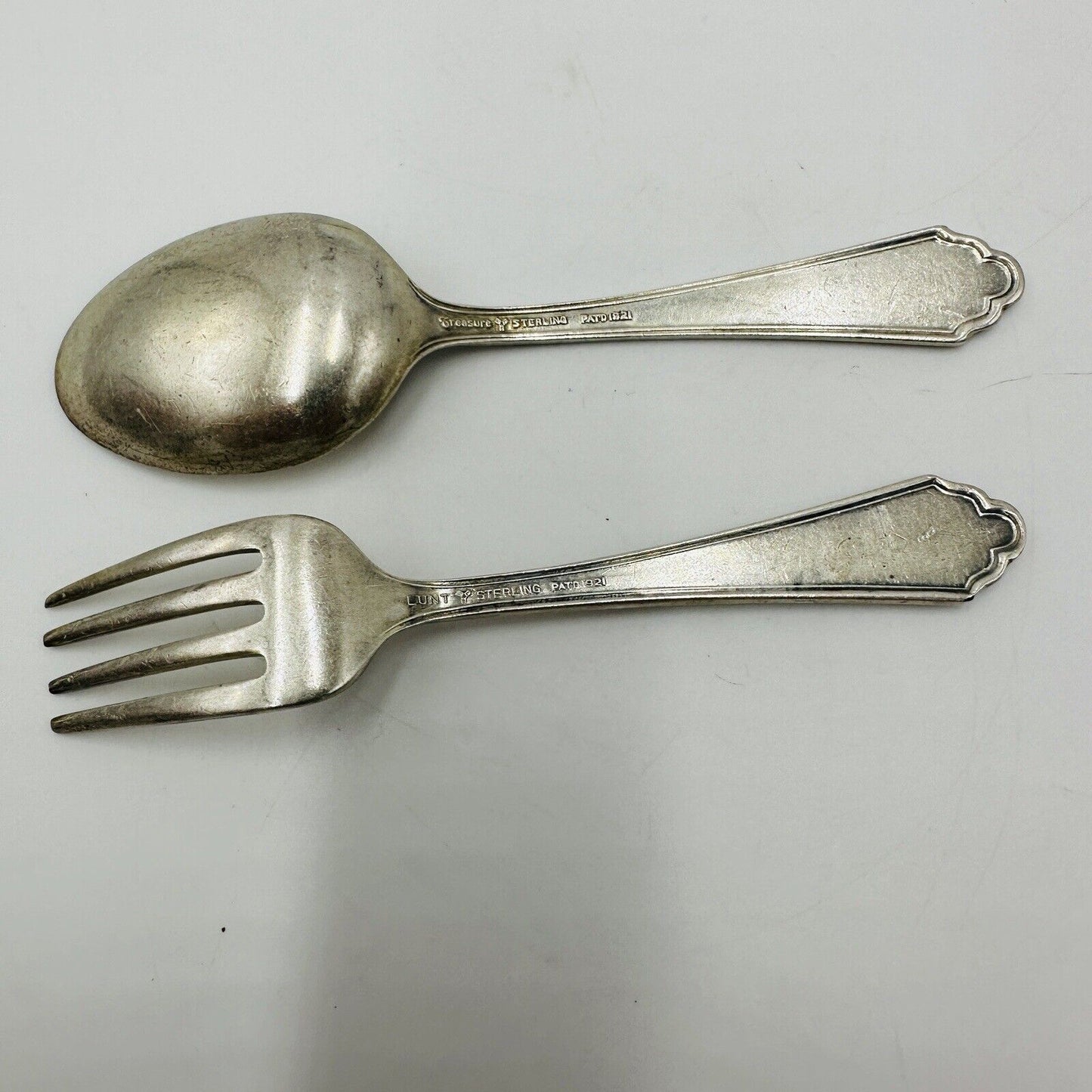 Treasures Sterling PATD 1921 Lunt William & Mary Baby Fork & Spoon Set 4” 2 Pcs