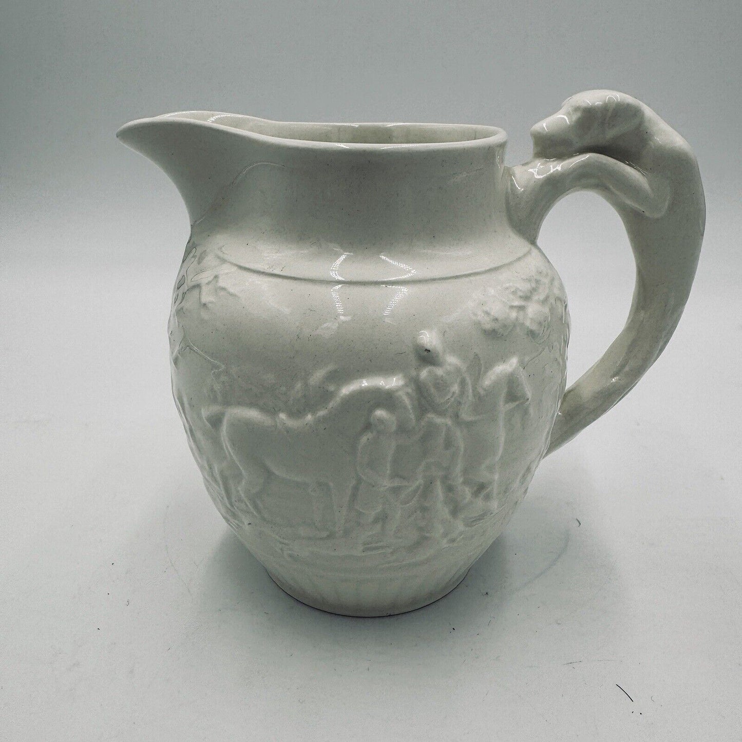 Antique Wedgwood Etruria 4.5” Pitcher Grazed White Hunting Scene Embossed #36