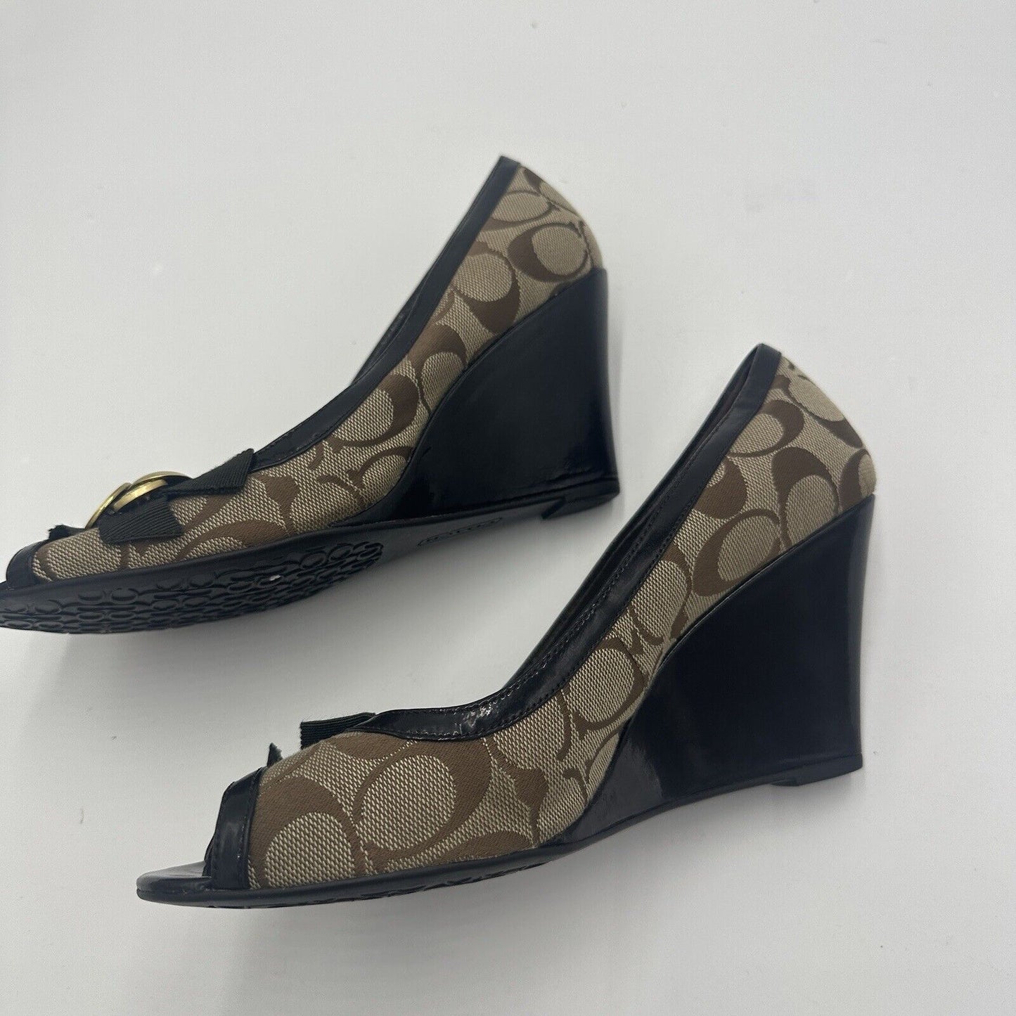 Coach Women's Peep Toe Wedge Heels Shoes Size 9B Black Beige Brown W/Bow Accent