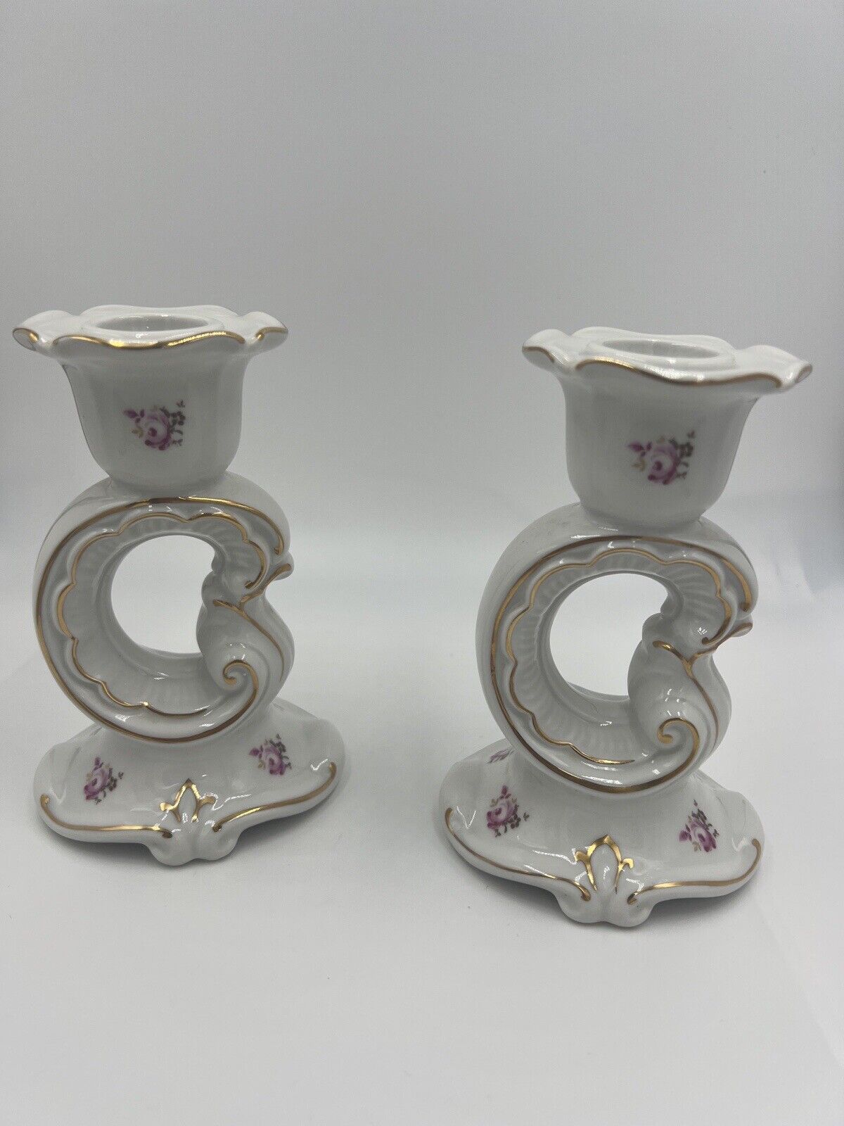 Weimar Candle Holder Porcelain Floral Gold Trim Germany Vintage Set of 2