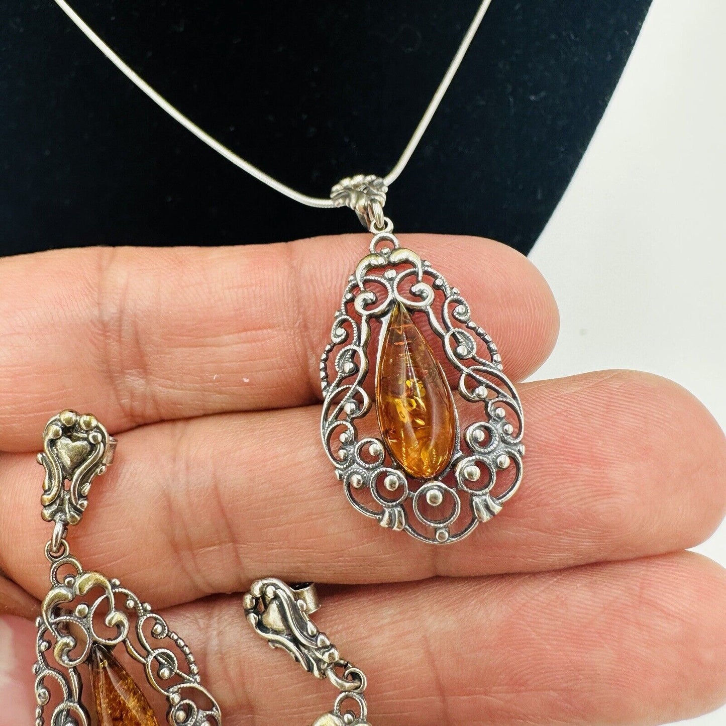 Vintage Baltic Amber Sterling Silver Necklace Pendant Earrings Set Women Jewelry