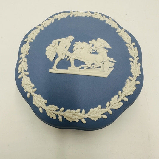 Vintage Wedgwood Blue Jasperware Covered Dresser Trinket Box Inlaid Ornate Horse