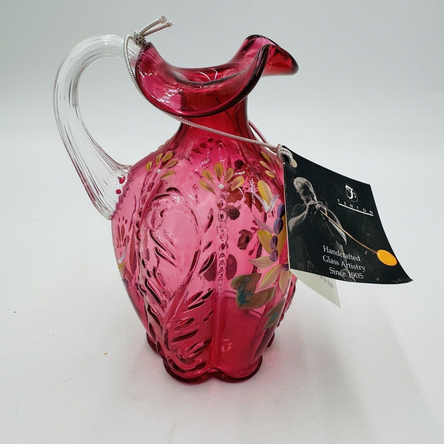 Fenton Art glass cranberry 95th Anniversary pitcher Hand painted 5.5” signed