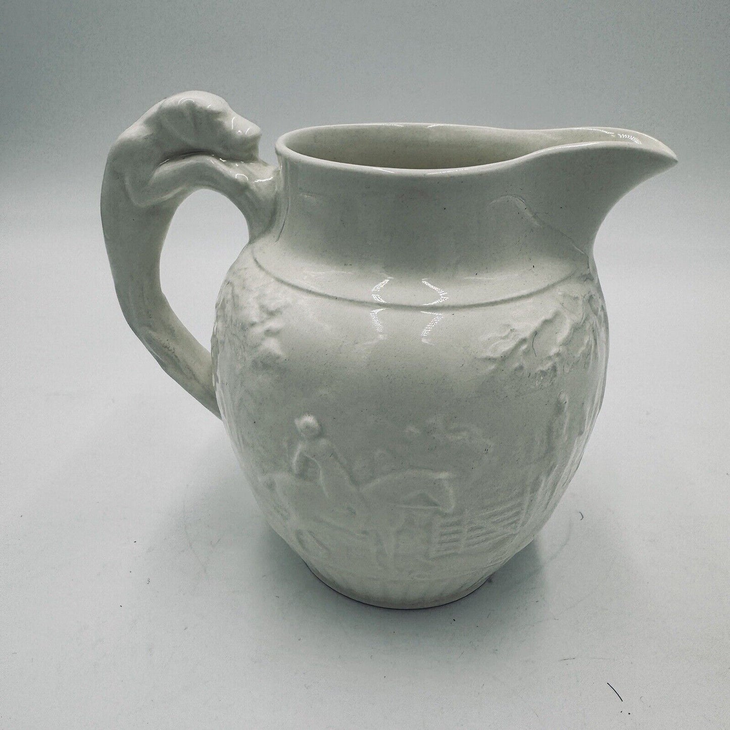 Antique Wedgwood Etruria 4.5” Pitcher Grazed White Hunting Scene Embossed #36