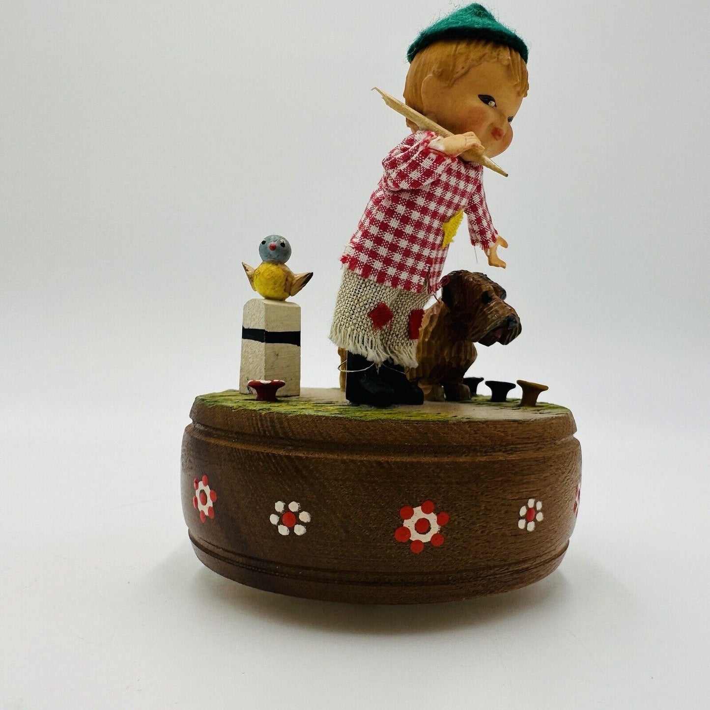 Vintage Anri Music Box Plays Edelweiss Works Boy Dog Figurine Wood Carving