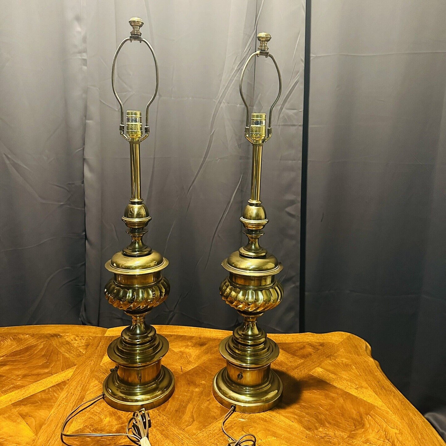 Hollywood Regency Stiffel Solid Brass Table Lamp 33” H USA Made Vintage 2 Pieces