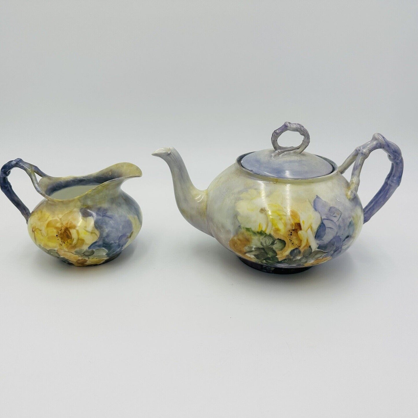 Antique J P L porcelain J Pouyat Limoges France purple yellow teapot creamer