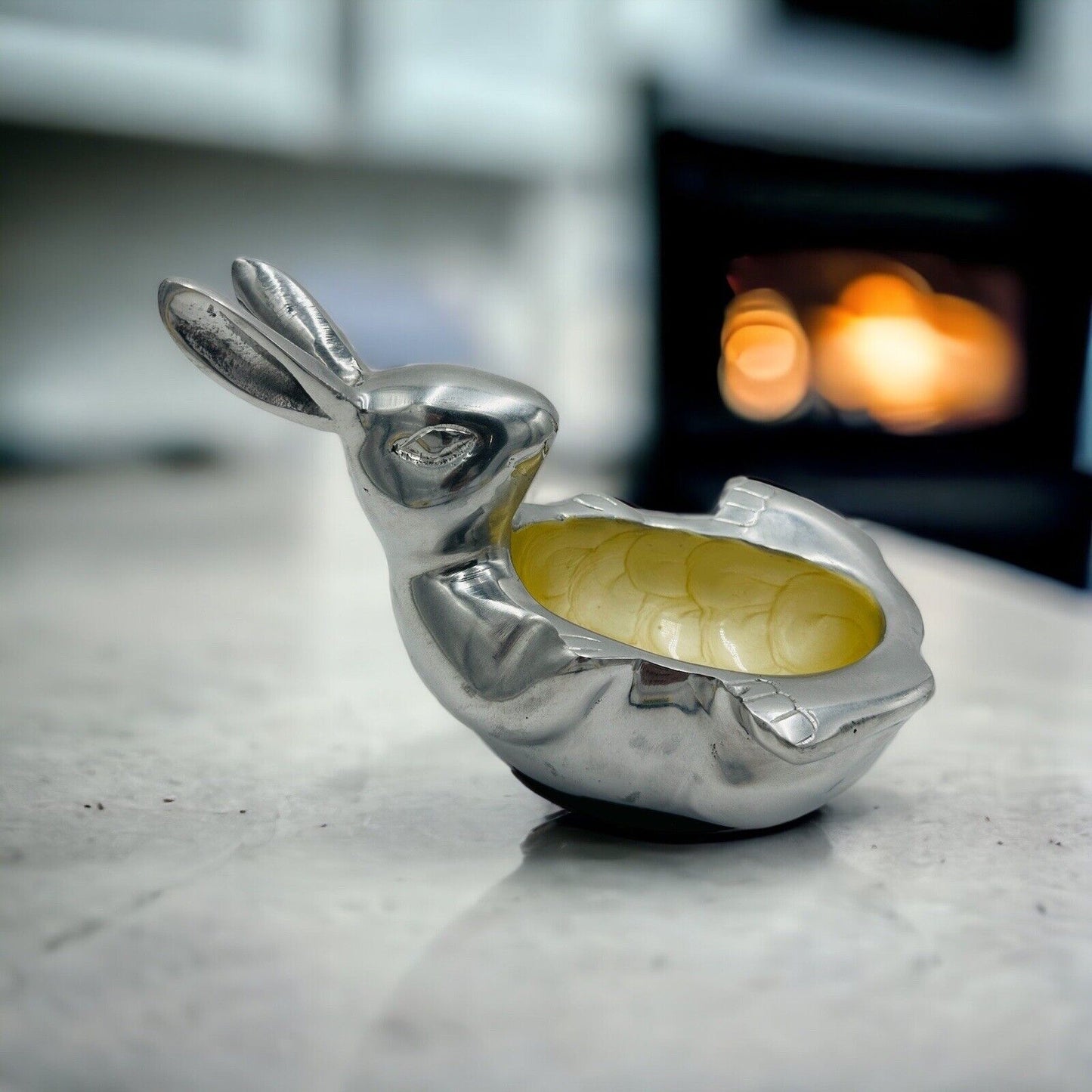 Bunny Rabbit Enameled Aluminum Easter Bowl Candy Nut  9” x 6” Seasonal Decor