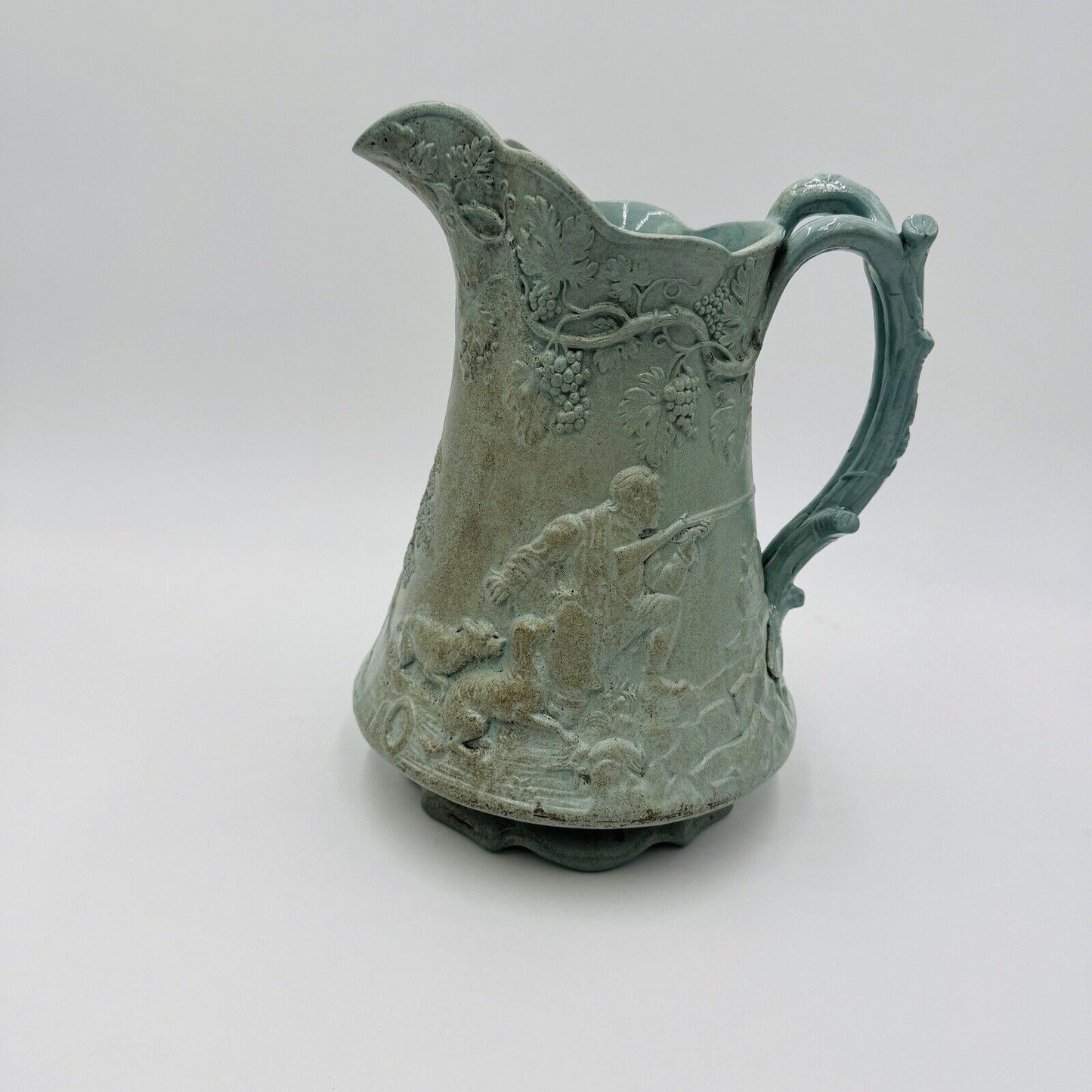 Antique Parian Ware Relief Jug Large Green Pottery Embossed Grapes
