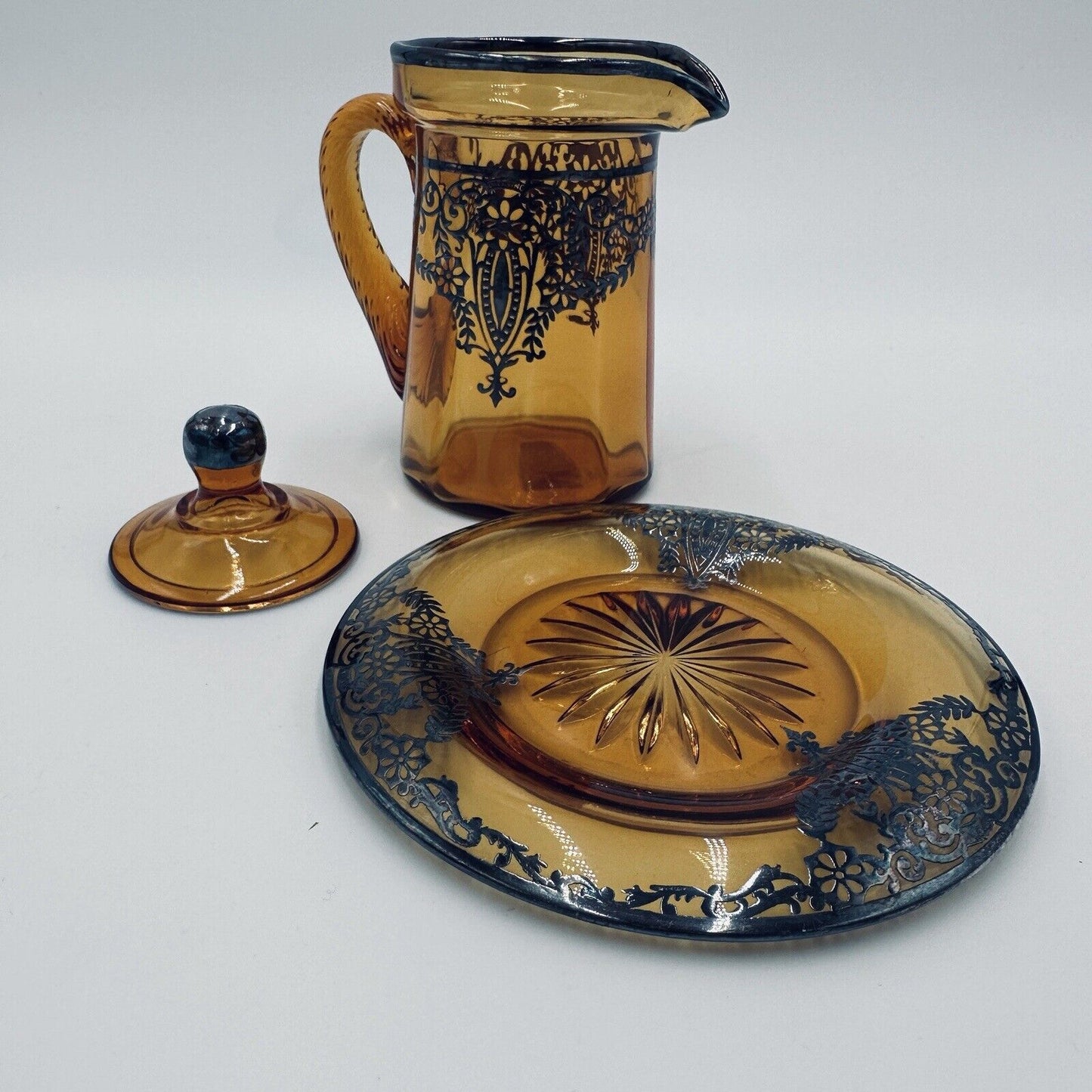 Amber Glass Lidded Pitcher and Saucer  with Sterling Silver Overlay Serveware