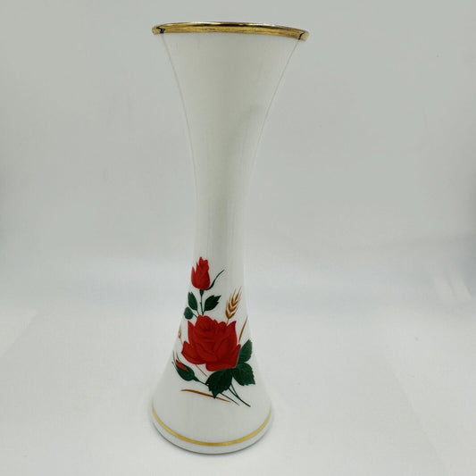 Vase Art Milk Glass Red Roses Hand Painted Gold Rim Flower Stem Decor