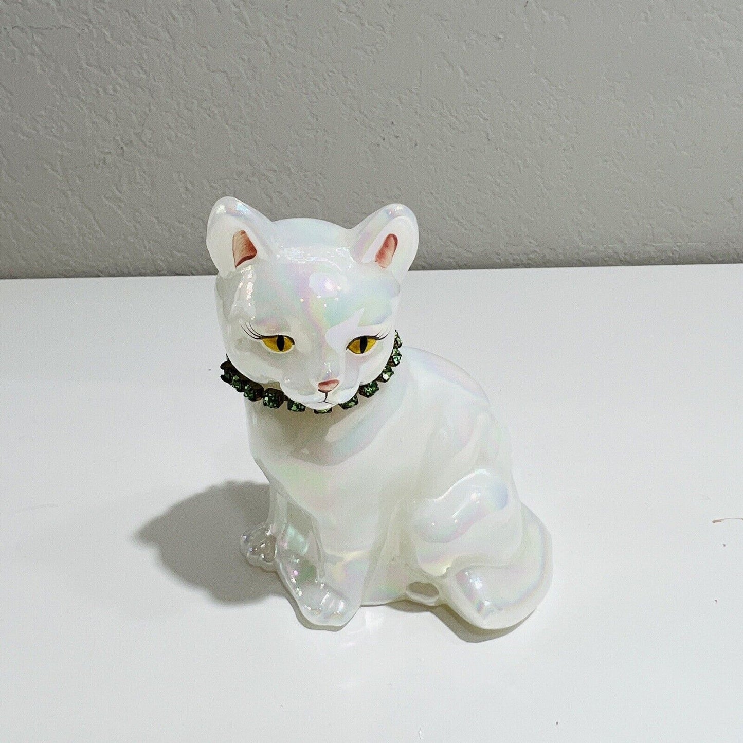 Fenton Cat May Birthstone Art Glass Iridescent White May Figure Signed by Artist