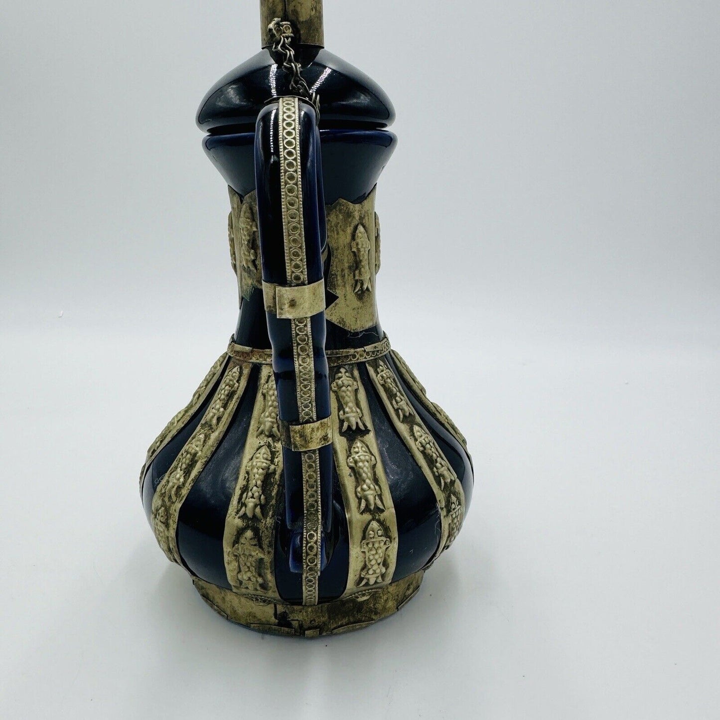 Antique Chinese Blue Cobalt Ornate Brass Design Teapot Porcelain