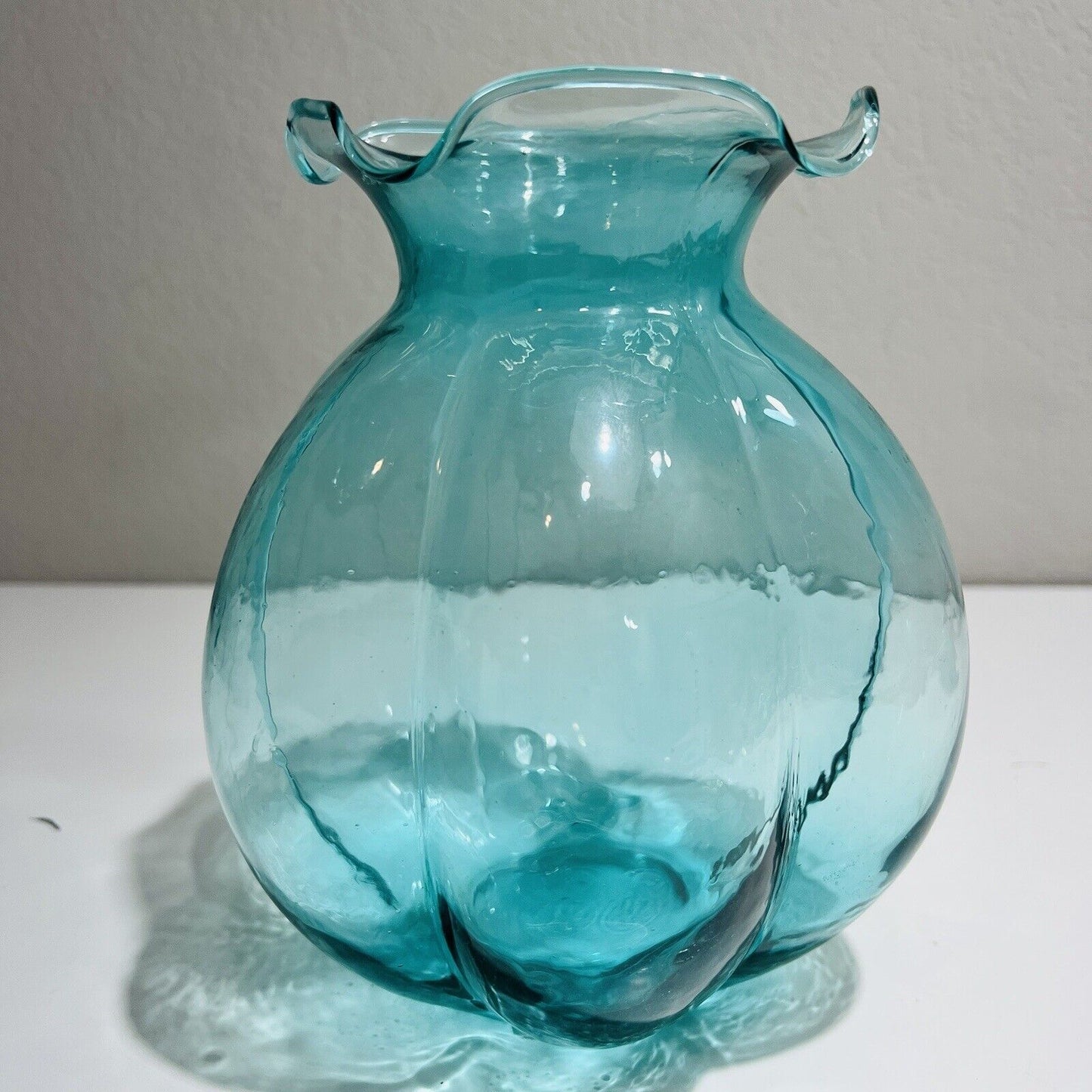 Vase Art Glass Round Teal Blue Melon Shape 1950 Vintage Home Decor