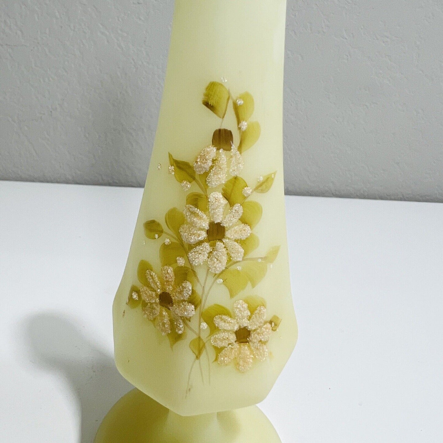 Fenton Bud Vase Floral Signed Custard Satin Flowers Vintage 9" Uranium ￼glows