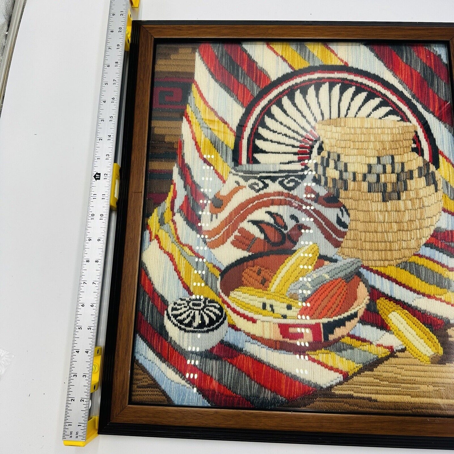 Rare Reinardy NATIVE AMERICAN  Long-Stitch Needlepoint basket wall art framed