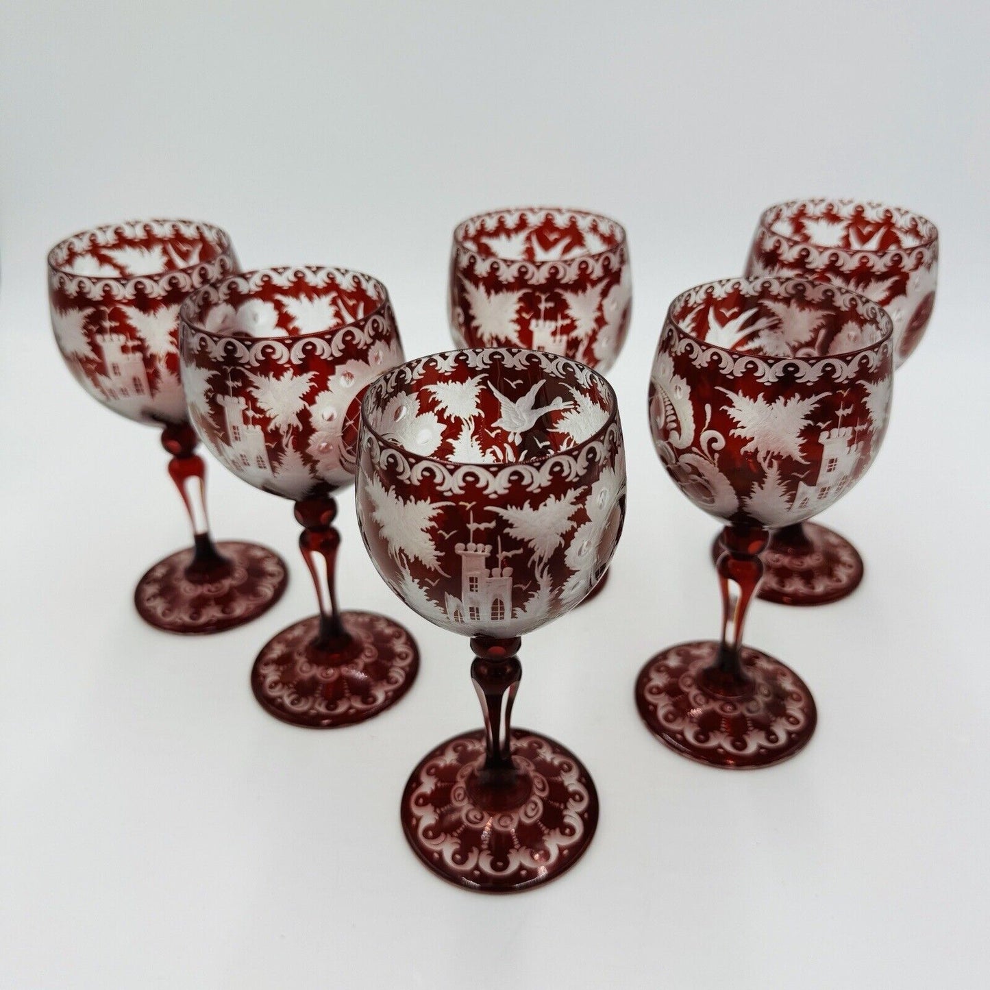 Vintage Bohemian Egermann Cut to Clear Ruby Red Wine Etched  glasses Set