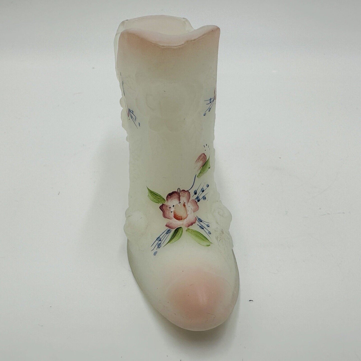 Fenton art glass Opal Satin Rose Garden Queen Slipper Handpainted Signed