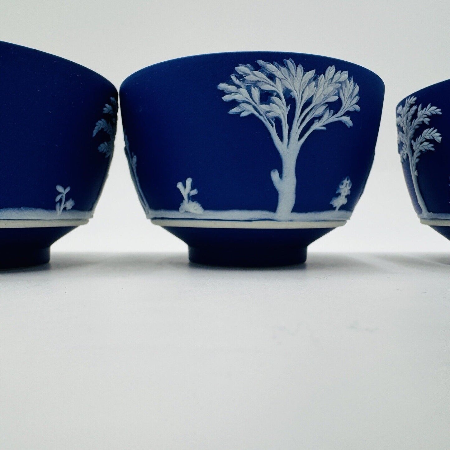 c.1930 Wedgwood Jasperware Dipped Dark Blue 2” X 3.4” Footed Bowls 4 Pieces