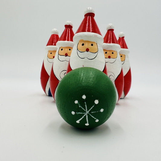 Santa Bowling Pins Set Christmas Decor Vintage Wooden Hand Painted