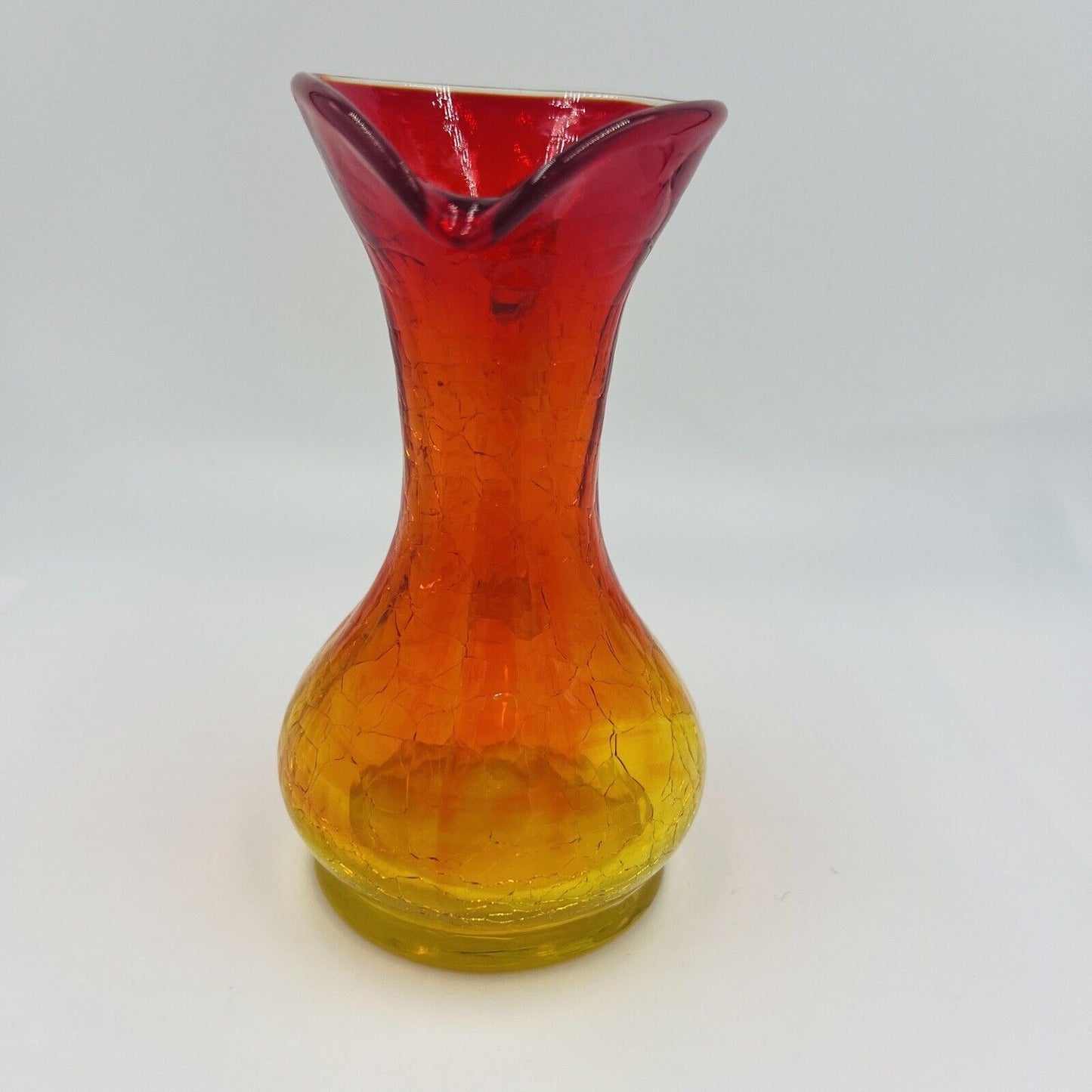 Pitcher Crackle Glass Vase Amberina Red Yellow Hand Blown Art Mini Vintage