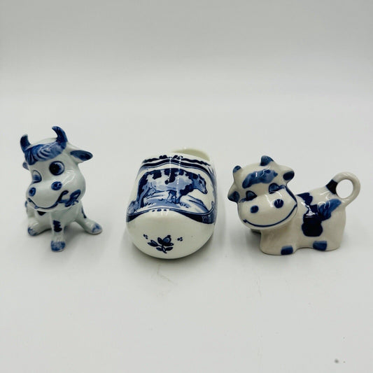 Royal Delft White & Blue Miniatures Cows Dutch Shoe Porcelain