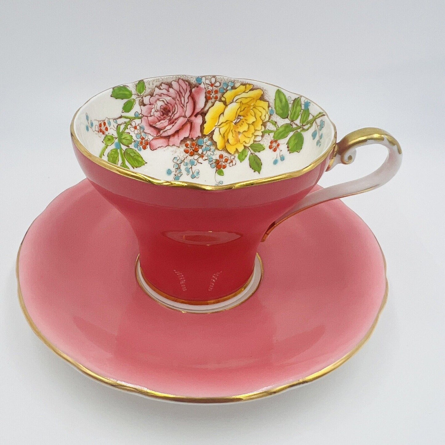 Aynsley Tea Cup & Saucer Cabbage Rose Pink Bone China Set T5025 Hand-painted