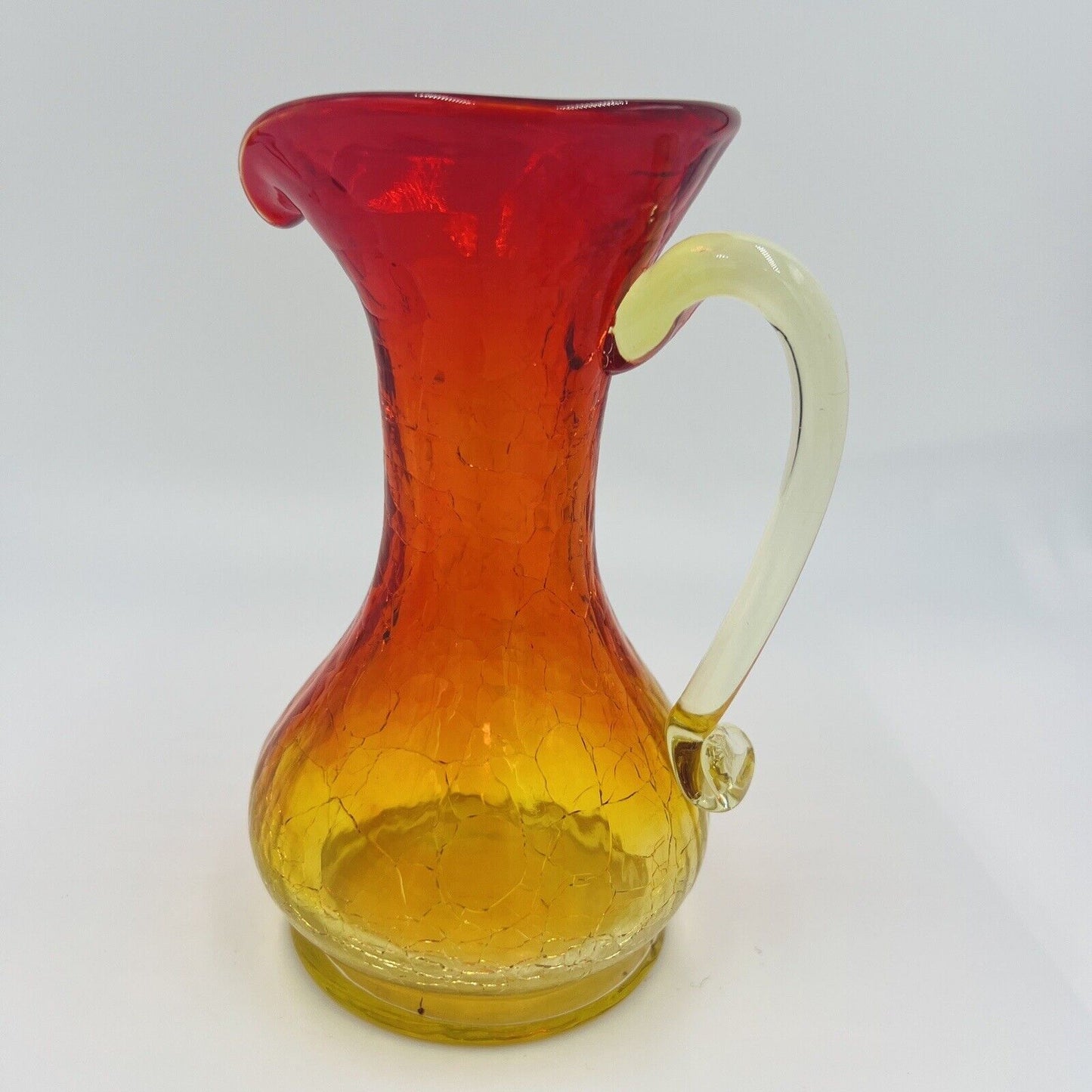 Pitcher Crackle Glass Vase Amberina Red Yellow Hand Blown Art Mini Vintage