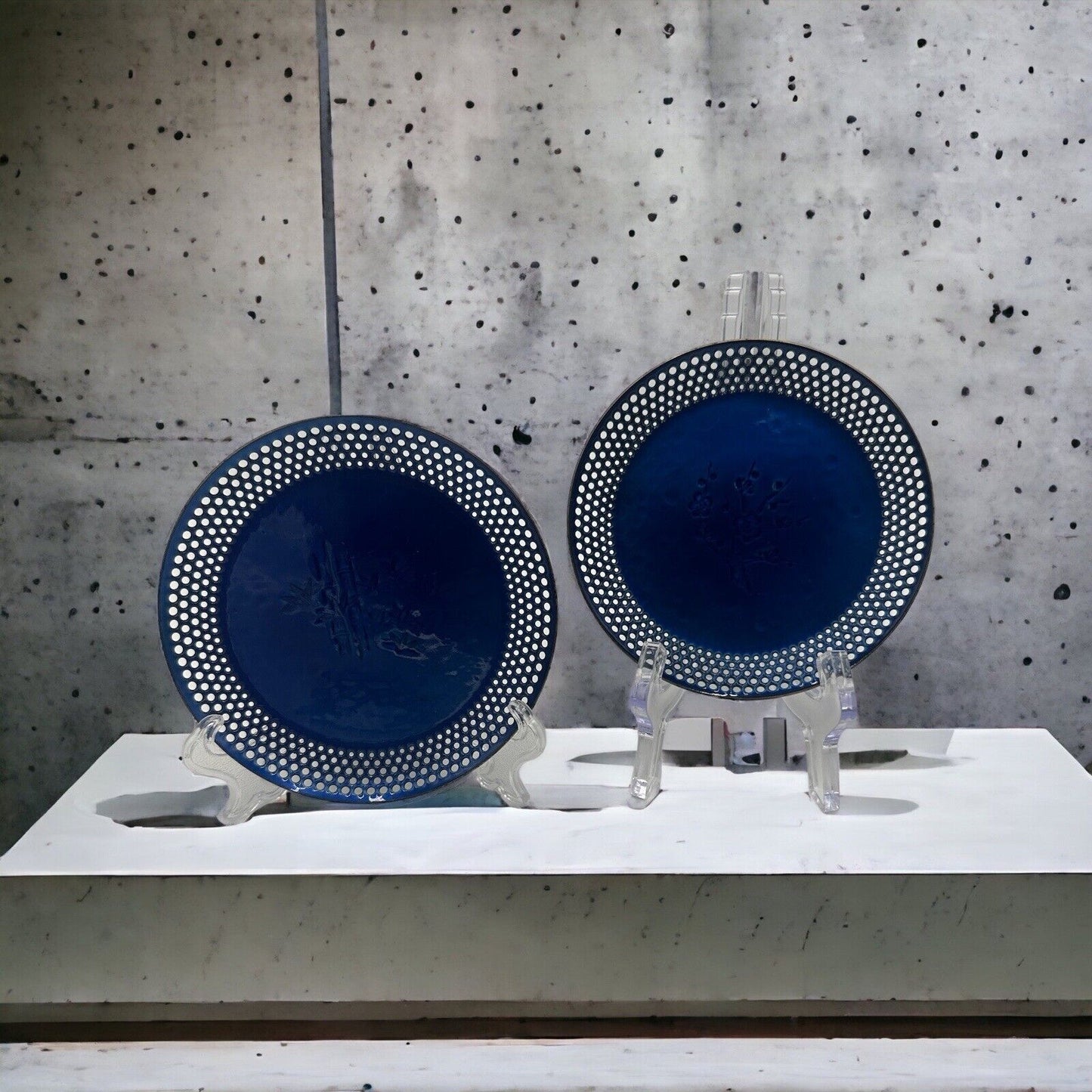 Vintage Ando Cloisonné cobalt blue Enamel plates Open Work Rims Japan Small