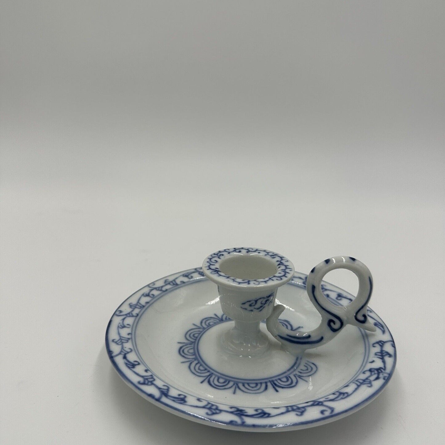 Ming Dynasty Porcelain Candle Holder Vintage Glossy White & Blue Asian Decor