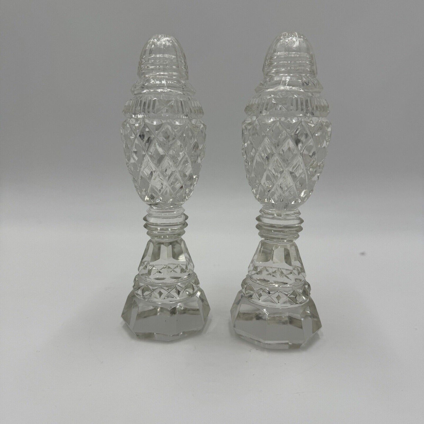 Antique Bohemian Czech Cut Glass Pedestal Salt & Pepper Shakers 6”H
