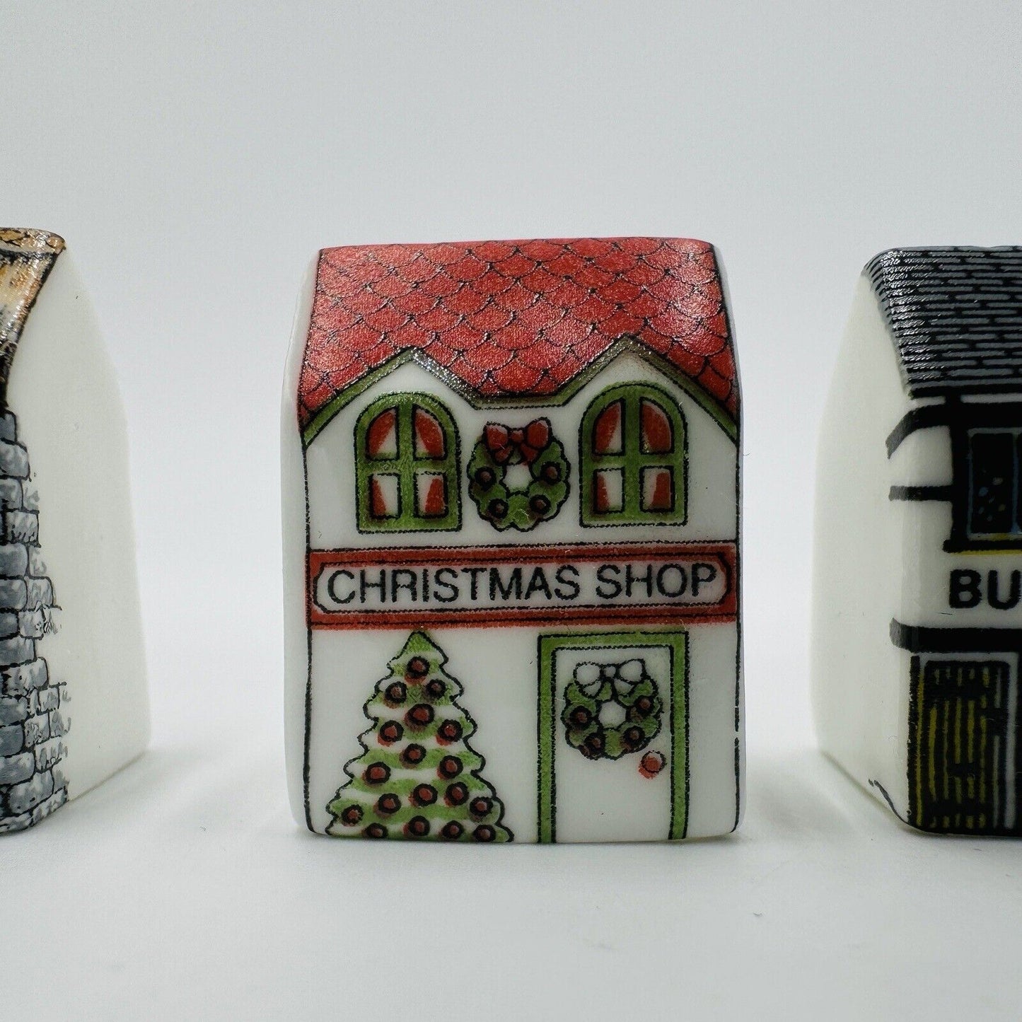 3 Porcelain Birchcroft China House Thimbles Miniature Button Shop Christmas Shop