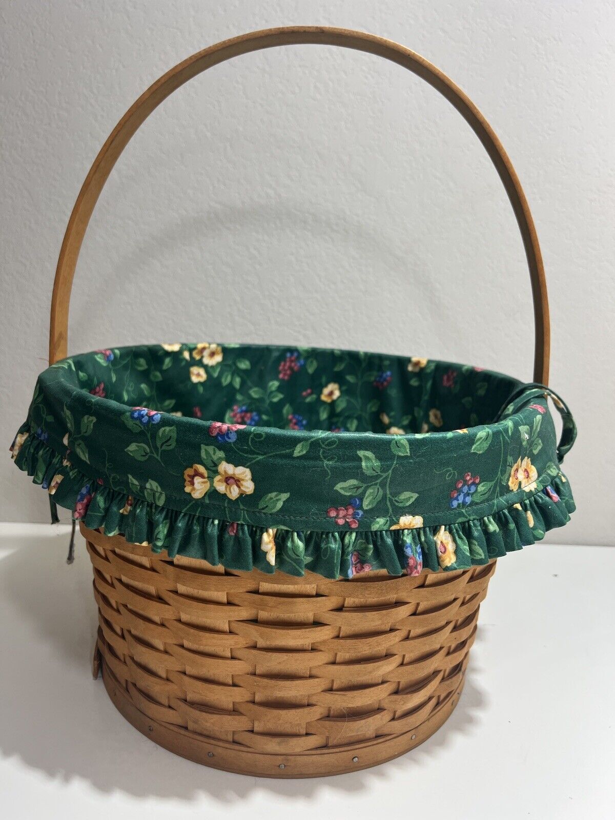 Longaberger Basket Round Liner Green Floral 1996 Vintage Retired Large Handle