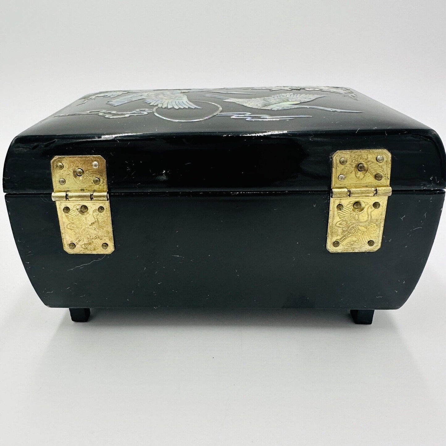 Black Lacquerware MOP Storks Decorated Asian Music Jewelry Box goldfish handle