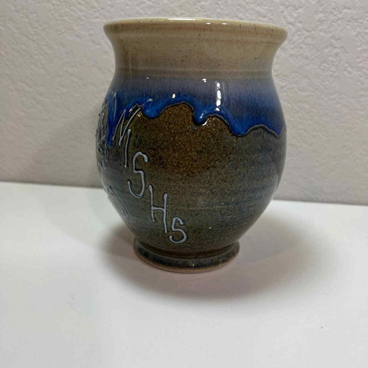Studio Pottery Vase Horse Design MSHS Signed Decor Blue and Brown Drip Glaze