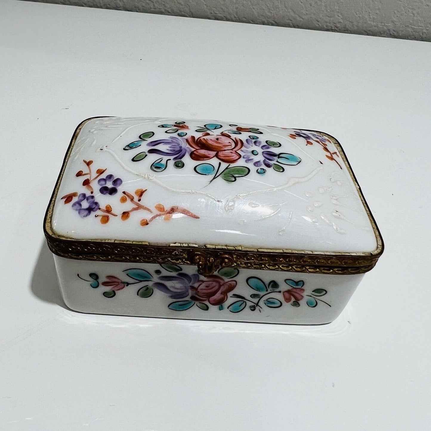 French Trinket Box Floral Decoration Porcelain  Made In France with Lid Antiqu