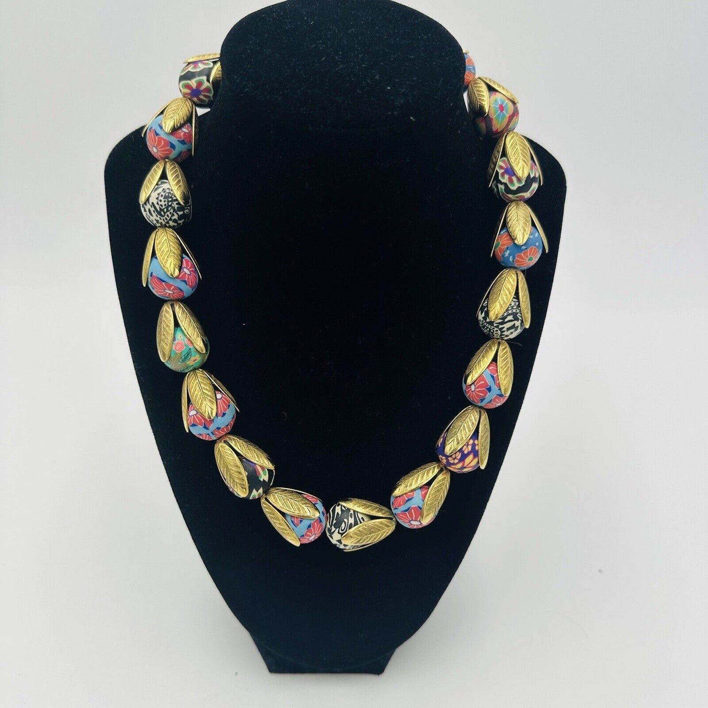 Lenora Dame Gold Tone Floral Tulips Abstract  Multicolor Beaded Necklace 18”