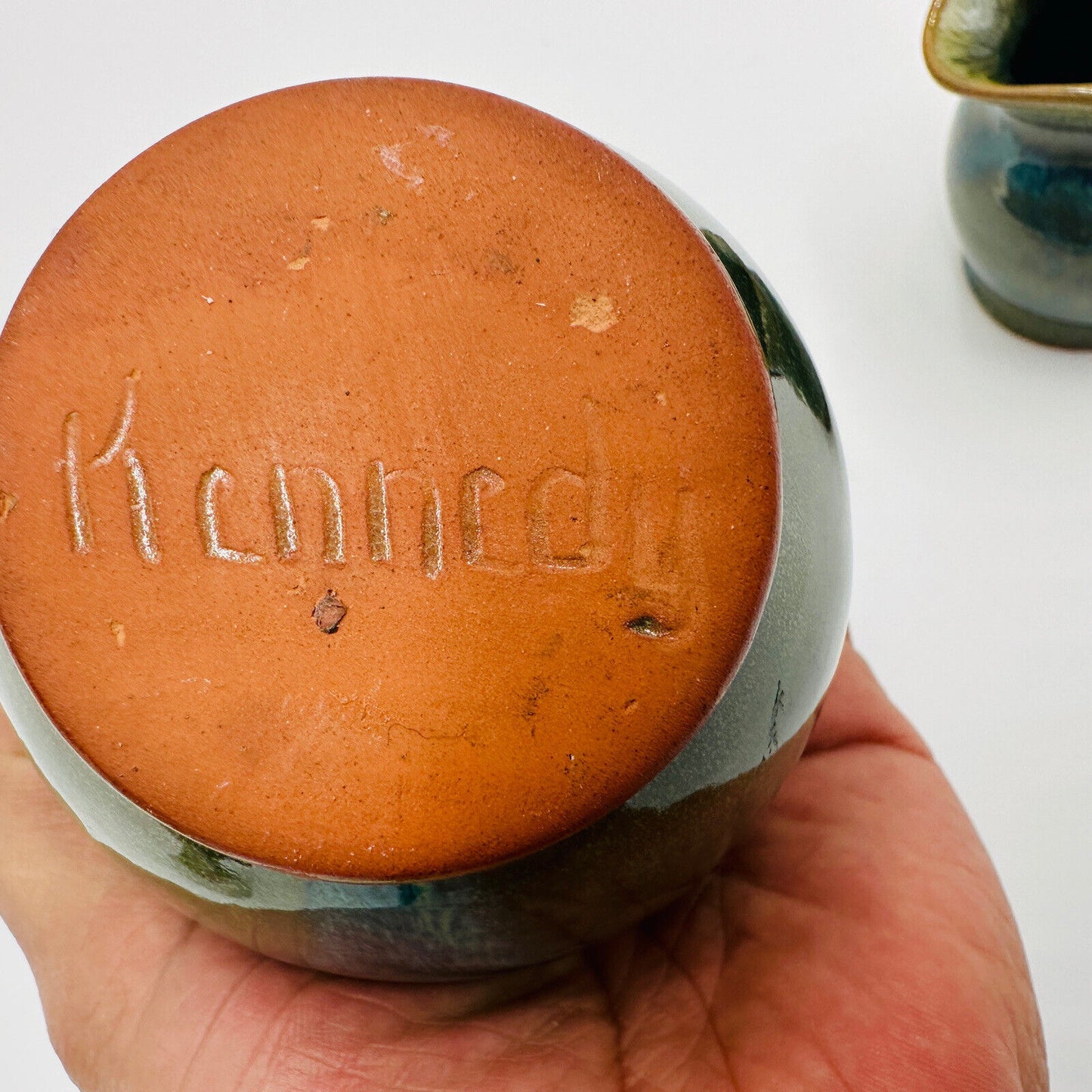 Kennedy Mid Century Glazed Pottery Sugar  Creamer Set Signed Green Terracotta