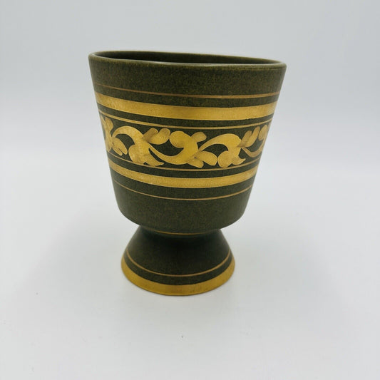 Mcm Vee Jackson California Pottery Footed Vase Planter Green Gold Trim