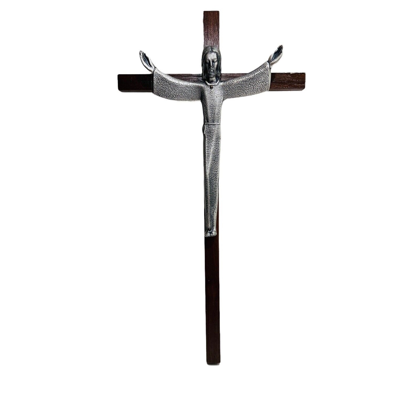 Cross Crucifix Walnut Wood Silver Toned Pewter Risen Christ Corpus Christian