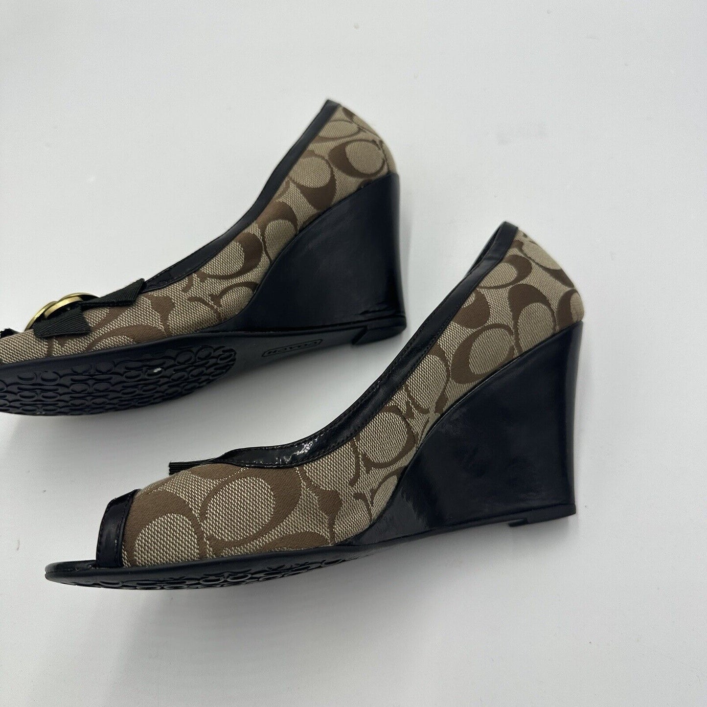 Coach Women's Peep Toe Wedge Heels Shoes Size 9B Black Beige Brown W/Bow Accent