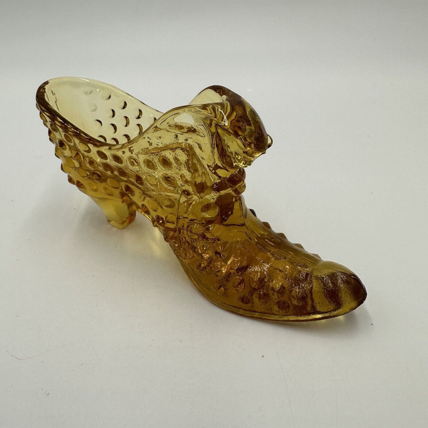 FENTON Art Glass Amber Hobnail Shoe Slipper with Cat Head Victorian Vintage